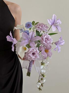 法式古束紫色花假花桌客厅FS749074插花花瓶花复艺轻奢餐装饰摆D&