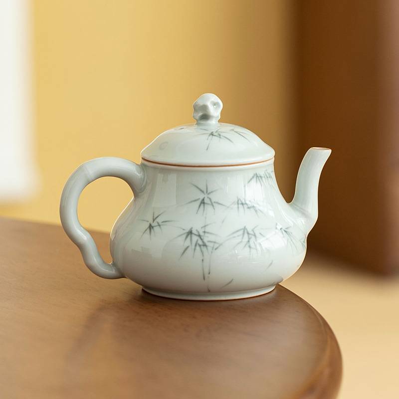 仿古青手绘竹韵茶壶茶具套装泡茶家用潘盘迷你小茶壶一人过滤茶壶