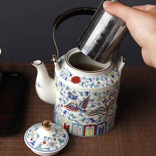 水5213彩瓷茶壶中式大号提梁壶温壶斗民宿家用办公泡陶茶青花壶