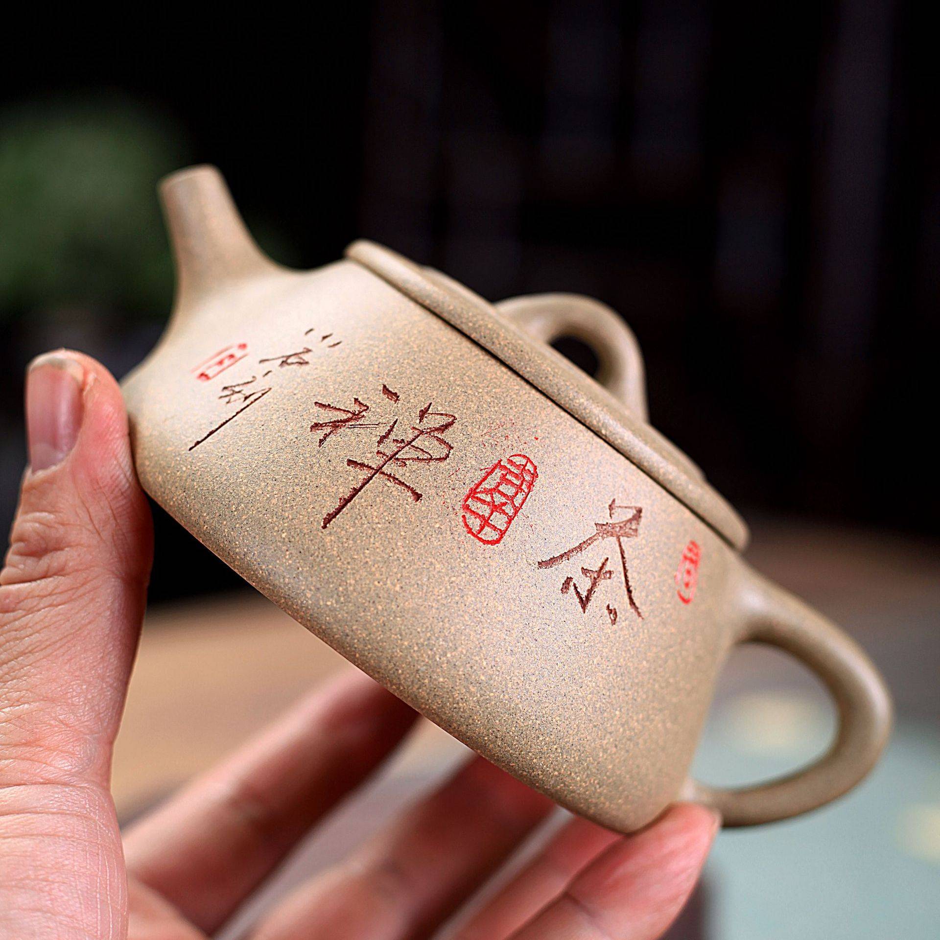 宜兴紫砂壶原矿青灰泥手工刻字茶缘大口石瓢壶新品功夫泡茶壶茶具
