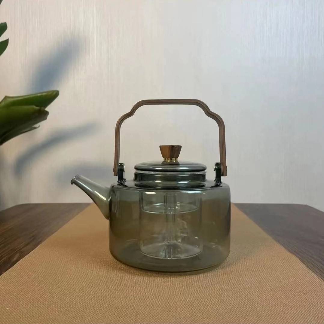 跨境网红直播木把烟灰色高硼硅玻璃提梁壶大容量带过滤泡茶壶煮茶
