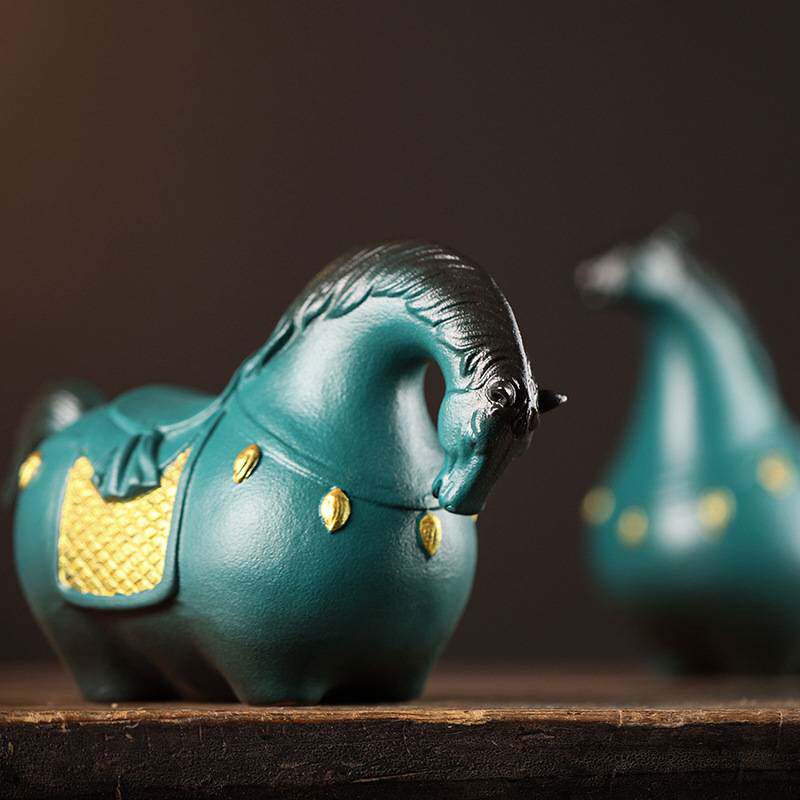 创意陶瓷唐马摆件中式家居玄关办公桌装饰招财绿马客厅书房摆设品