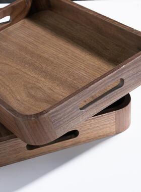 黑盘圆胡桃木托25257茶榫卯结盘构角带提手木质茶水托盘新中式轻