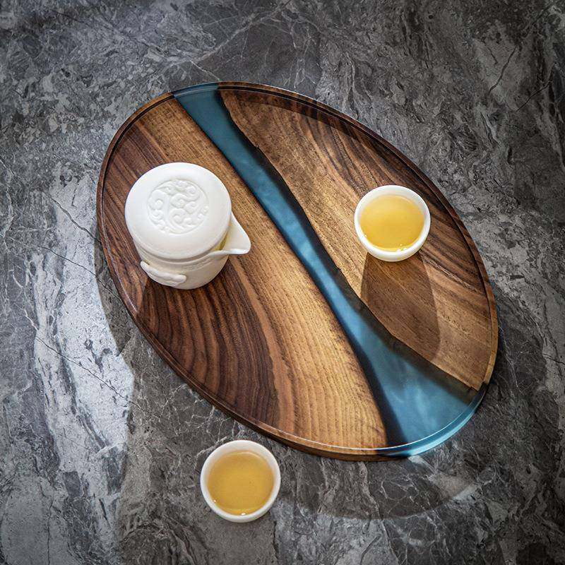 席树脂简约小茶盘家用简盘易茶台整块桃木胡彩绘干泡KNC台茶托木
