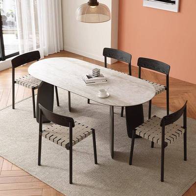 法式奶油餐风桌白色椭圆形洞石岩简饭桌现代约家用板小户型圆桌