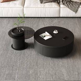 9高U意式 极简岩板几纯茶黑大小圆茶几实木A840玻小户型伸缩低璃茶