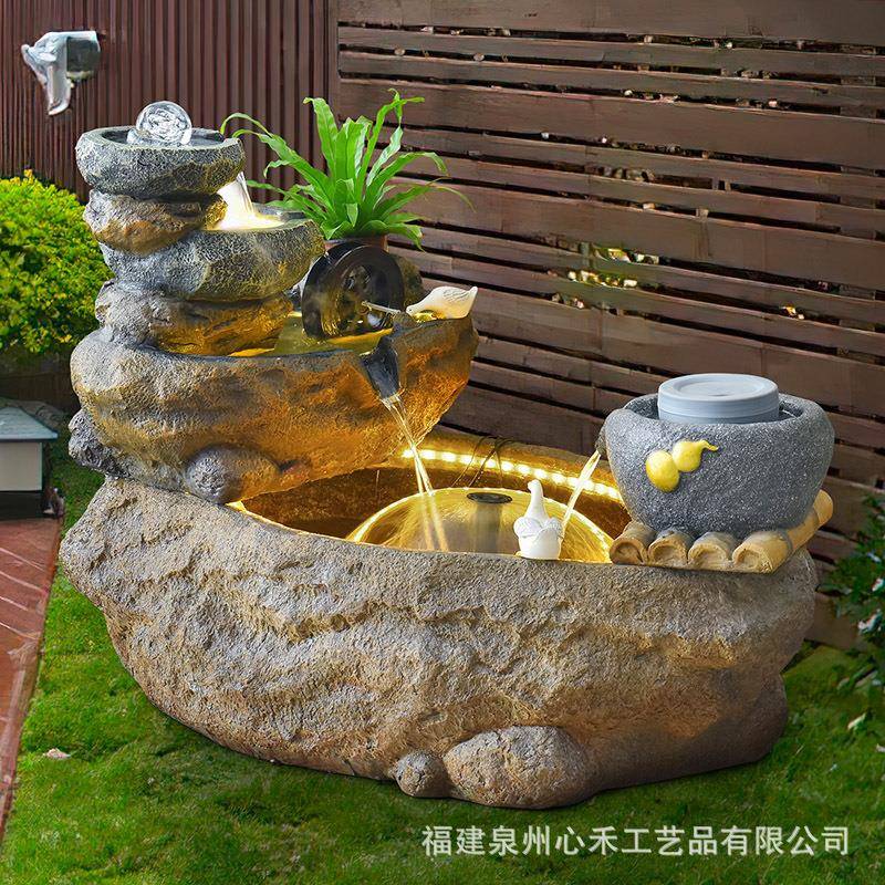 创意古假山喷泉流水件鱼池WXS石磨水车客厅阳台装大摆堂仿庭院饰