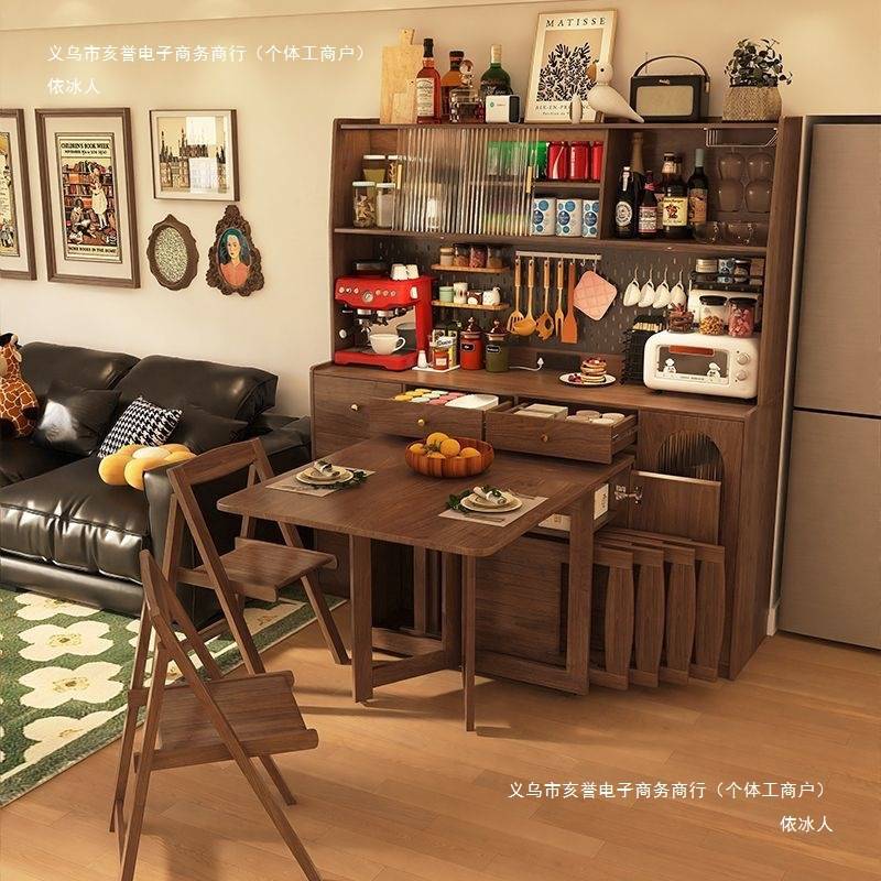 ir全实木餐边柜折叠餐桌一体可伸缩折叠移动小户型家用桌子多功能