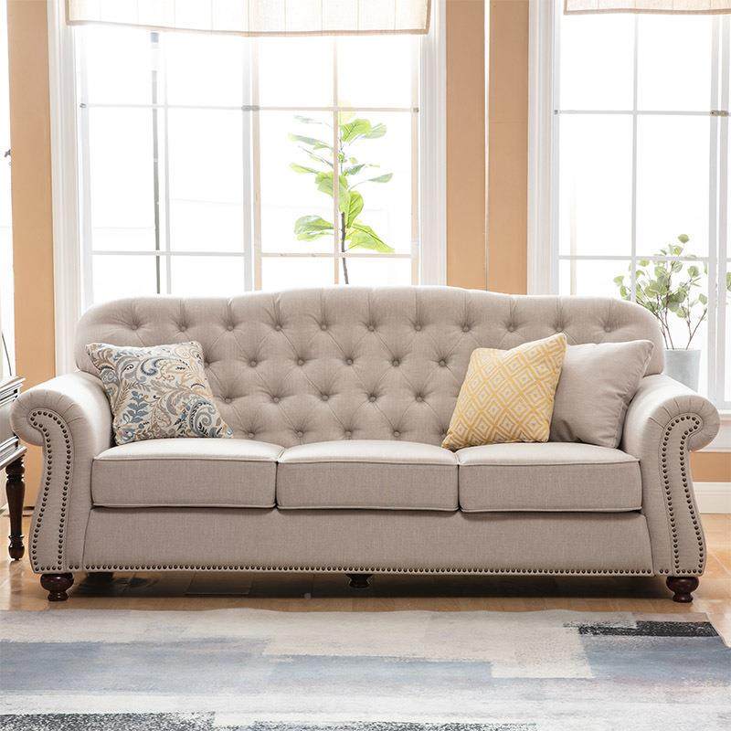 美式FS88乡村拉扣布艺三人沙人发法式复古小布户型客厅亚麻艺单双