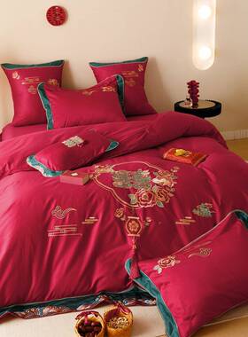 中式K4婚1庆全棉床单0件套0S四澳棉结婚大红色刺绣被套床上用品纯