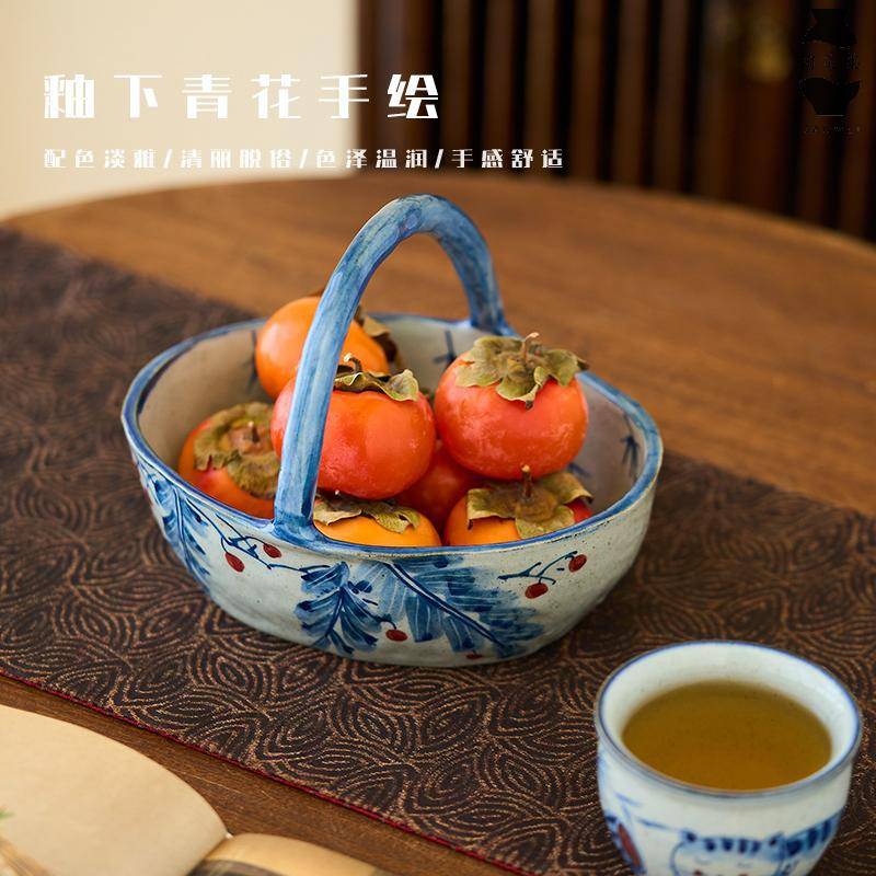 陶美集手绘青花瓷提篮果盘景德镇手工釉下彩中式猫咪带提手盘子小