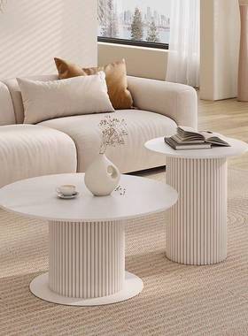 法LGA式家客厅奶油茶几复组合用古现代简约板实木轻奢圆形岩小户