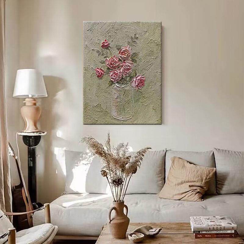 顺丰手绘油画关粉色玫瑰花客玄装饰画石英肌砂立HVQ体理儿童房卧