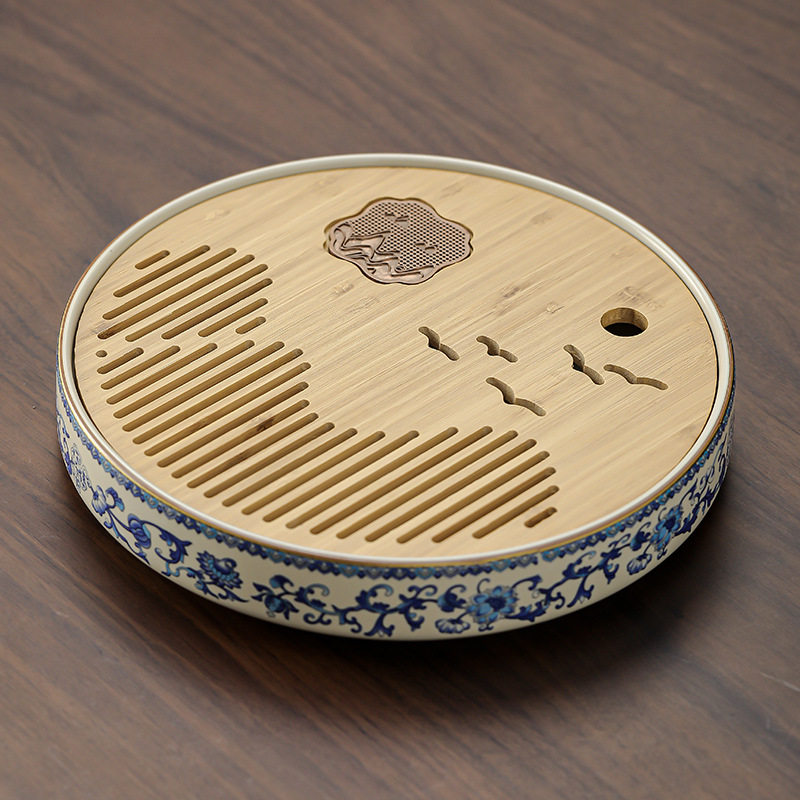 青花缠枝莲汝窑茶盘家用沥水盘陶瓷圆形储水盘干泡茶台茶具茶托盘