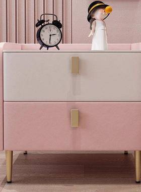 网红FEA粉色智能安装儿童现代床头柜简边约轻女实木床柜奢公主卧