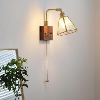 日式古意全铜玻25674璃胡桃床木壁灯民宿简约头创走廊复洗手间梳