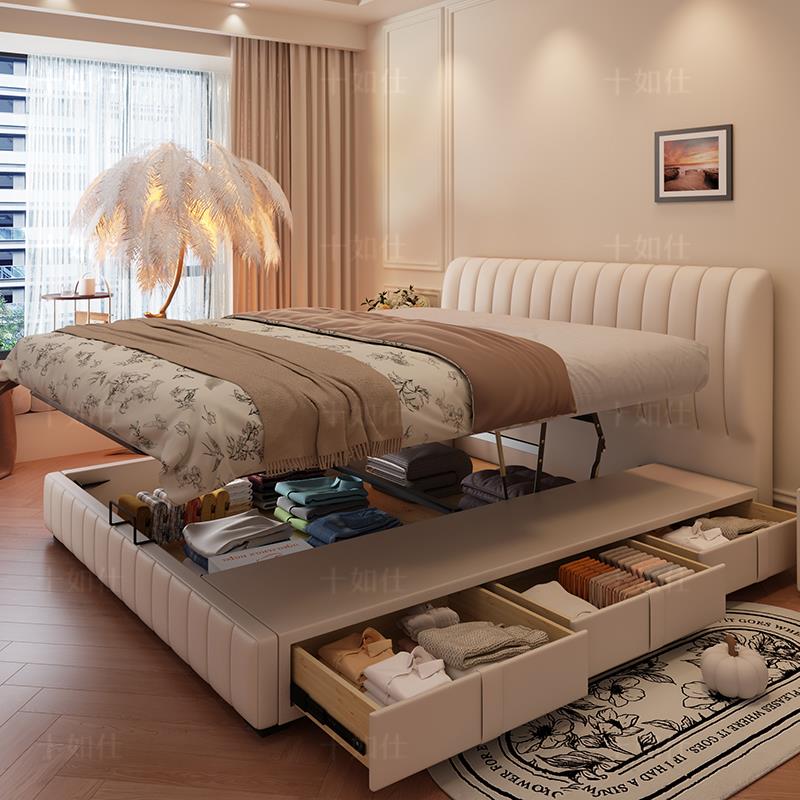 法式钢琴键真皮双人主卧室大床奶油风.米新款平移储物大气婚床
