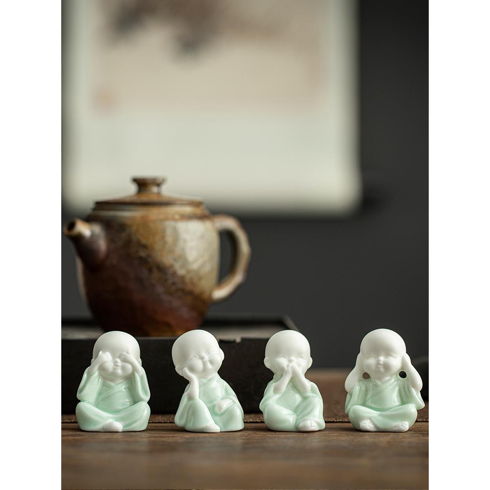 创意可爱迷你四不小和尚人物摆件青瓷小沙弥园艺造景装饰品小摆设