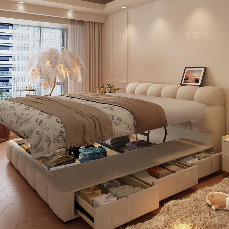 法式奶油风泡芙真皮床轻奢软包主次卧室平移储物新款双人大床