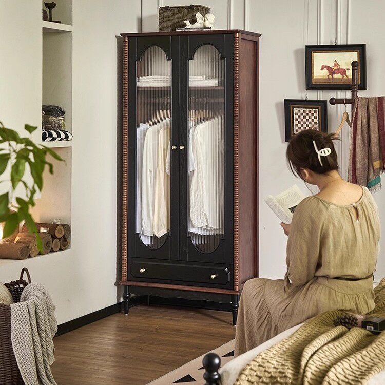 法式实木衣柜家用小户型靠墙收纳两门衣橱卧室复古多功能储物柜