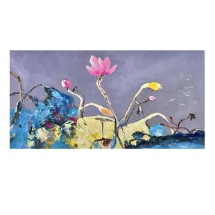 新式纯手02311绘荷印象花油画客厅餐厅卧室床头书横挂画房抽中象