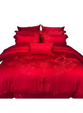 A5L1匹40支马棉刺绣四红件大套色婚庆龙凤结婚F8MT9JH被套新婚床