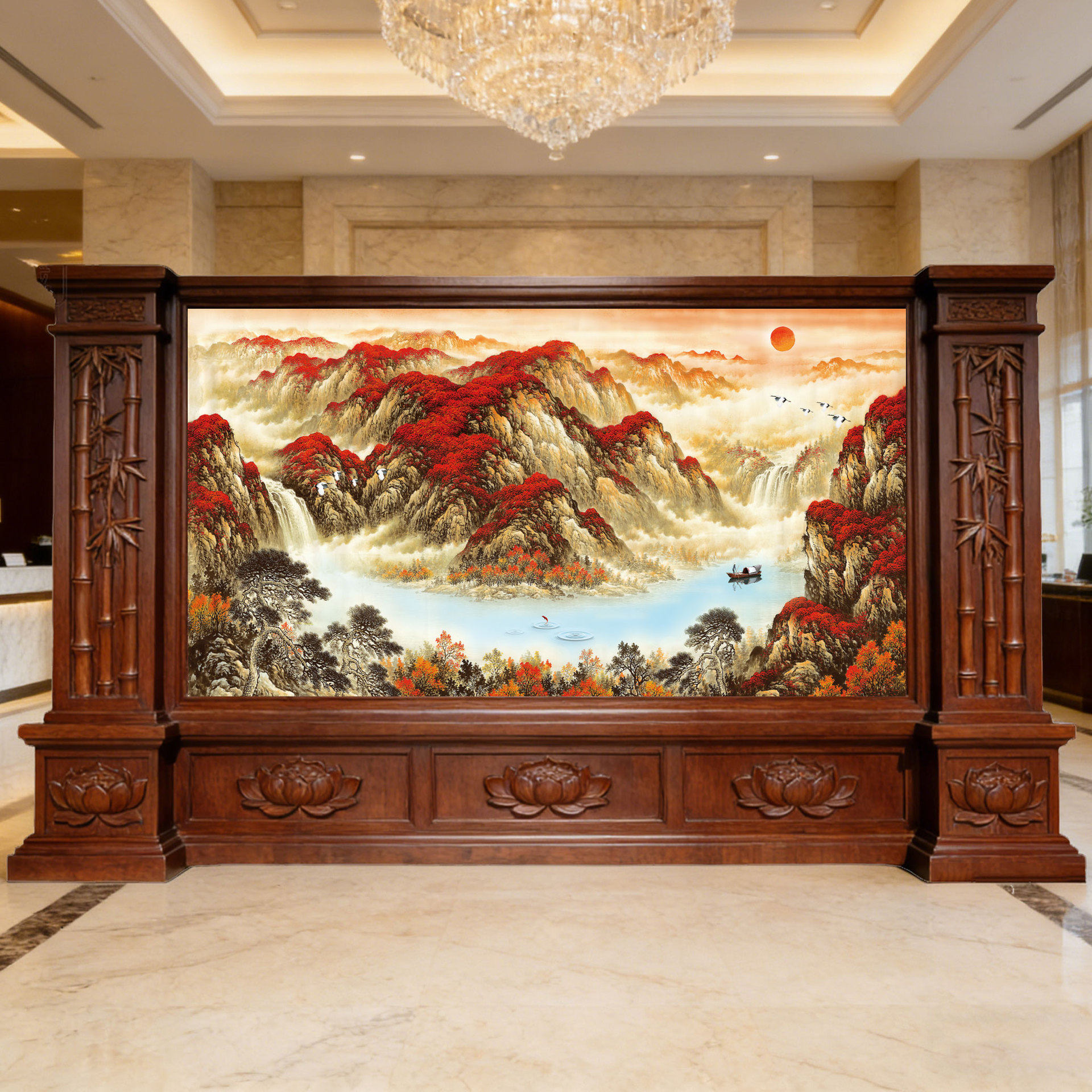 中式山水风景座屏实木雕花落地屏风公司酒店进门大厅装饰隔断