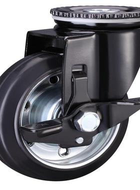 厚德轮定向轮带车轮轮黑色橡胶E脚R轮刹静音手推车转向5寸轮子