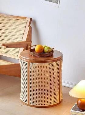 藤编木日式客收纳床头柜家用沙厅发简约桌子实纸篓其他/oth圆茶形