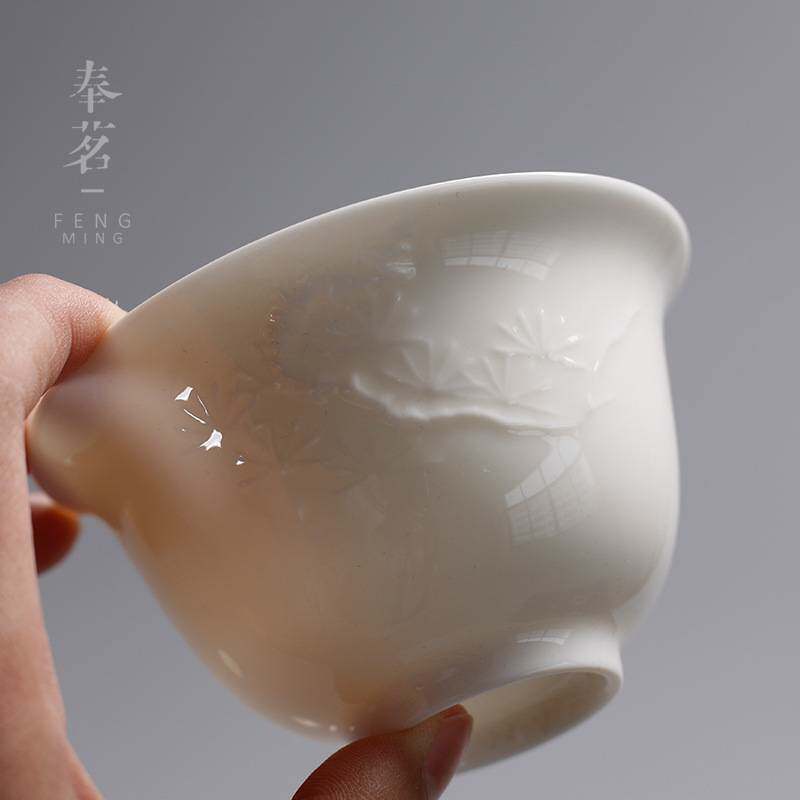 浮雕德化白瓷盖碗陶瓷家用复古中号盖碗三才碗泡茶器