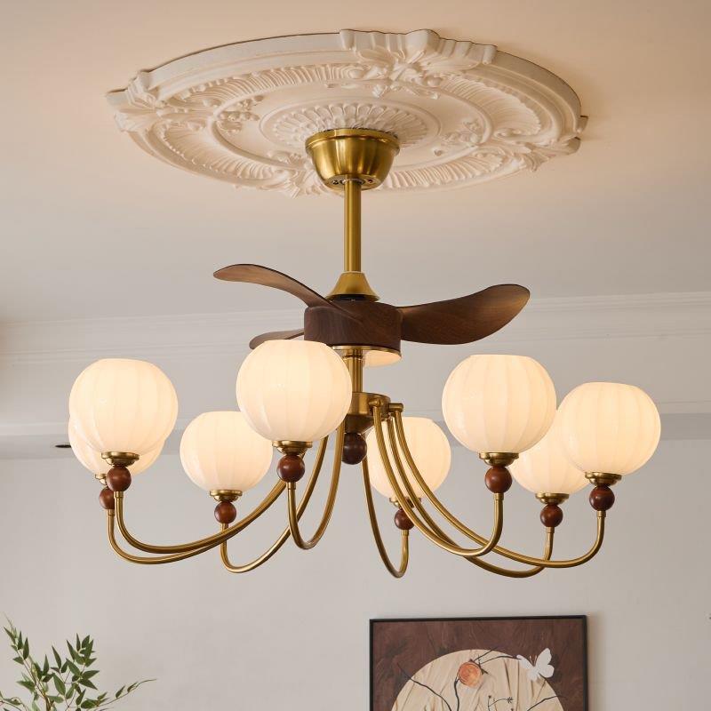 风餐实木风扇灯法式奶油风吊灯中古吊厅吊扇灯复古主卧餐厅玻520