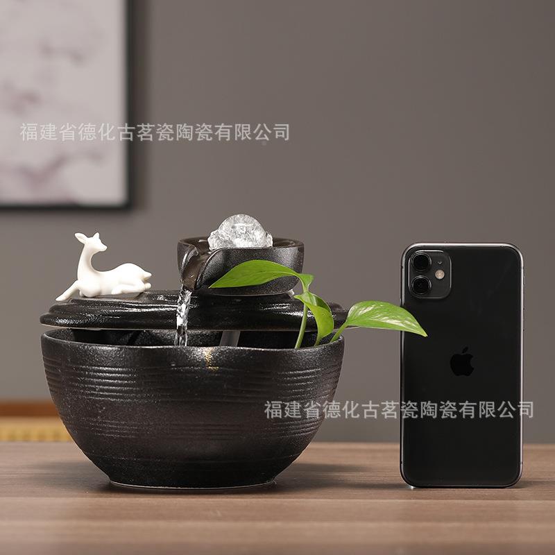 桌面小缸SGV型流水景摆件循环水风水轮水晶球喷泉瓷加湿器小鱼滴