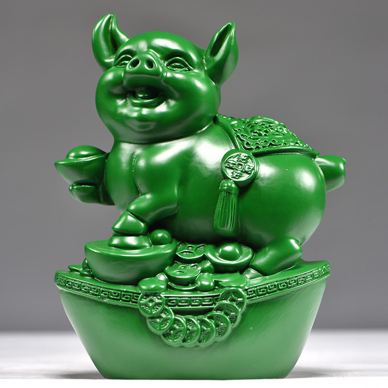 绿色木猪摆件木头猪饰品生肖木雕工艺品吉祥物实木质桌面客厅装饰