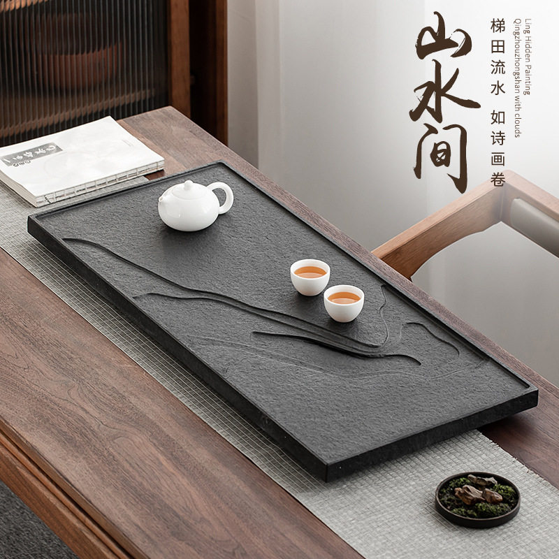 天然整块乌金石头茶盘大小号家用简约石头茶台新中式排水泡茶石板