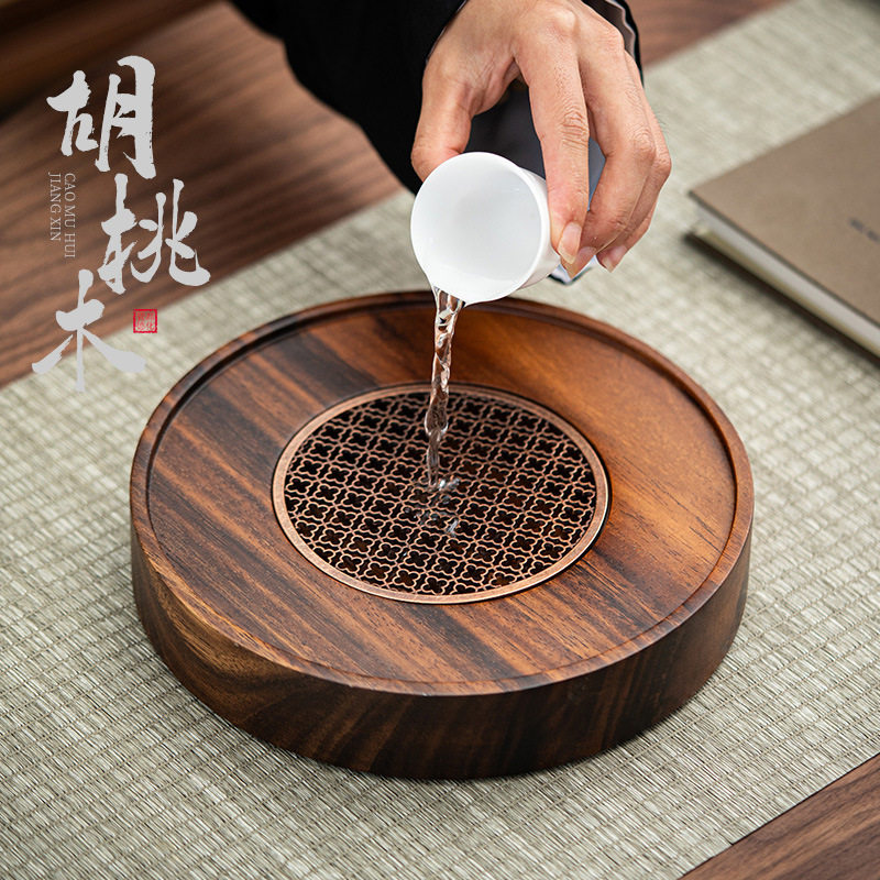 简约家用胡桃木茶盘方形储水实木干泡台家用中式茶室茶台壶承托盘
