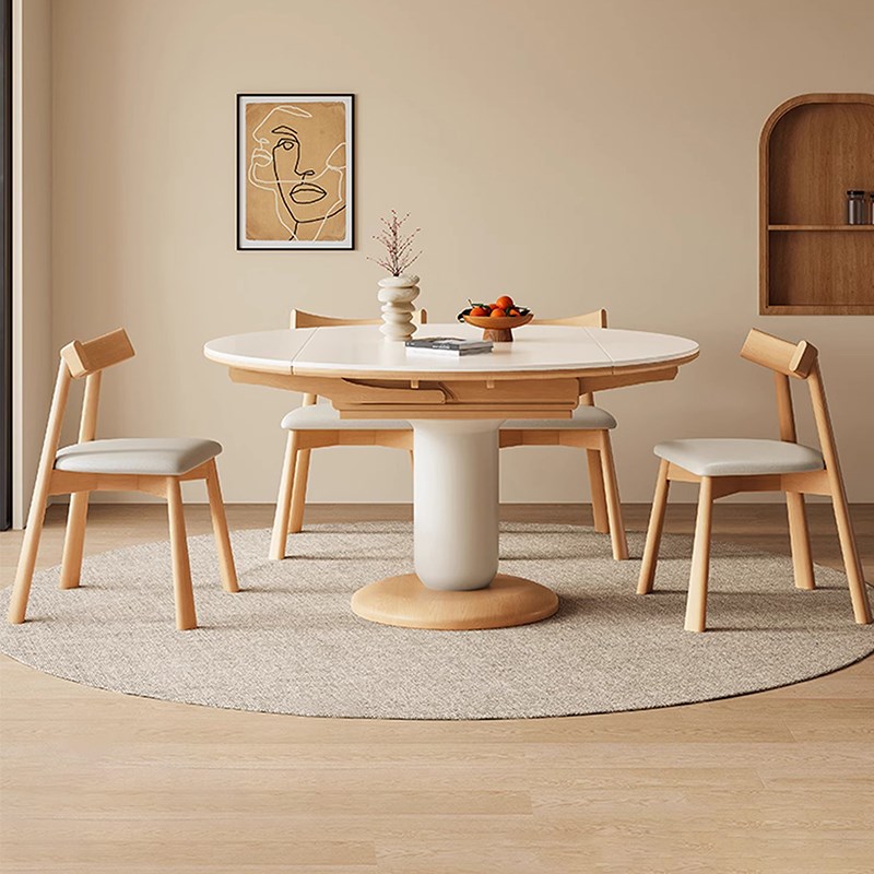 原木奶油风可伸缩折叠岩板餐桌椅组合家用L小户型实木餐桌可变圆