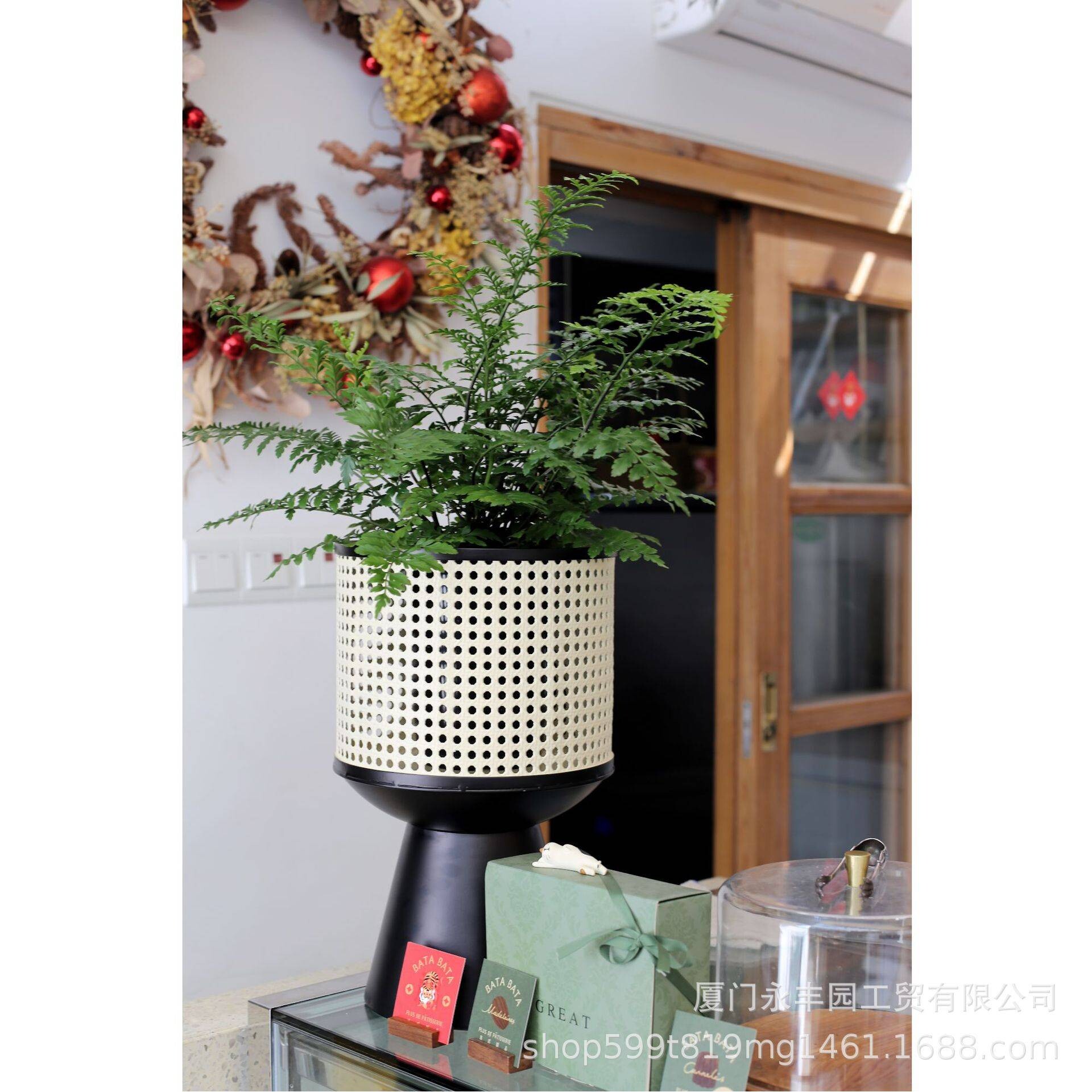 嘻物所 极简约日系铁艺室内花架仿藤编现代客厅移动设计桌面花盆