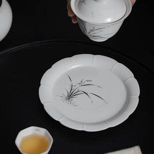 弥言白瓷纯手绘兰花壶承手工花瓣单层茶承养壶垫干泡台家用茶点盘
