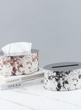 欧式奢高端不件锈钢皮革马毛椭圆装2100形轻纸巾盒装饰摆客厅家居