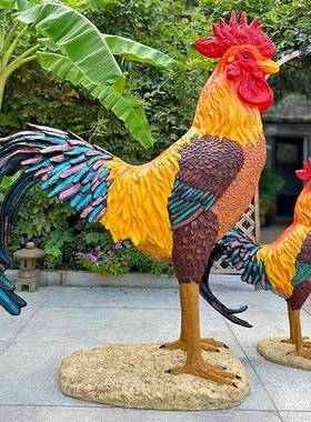 户外大公鸡摆件仿JIU真母鸡工艺装鸡饰品庭院花生肖造鸡草坪园景