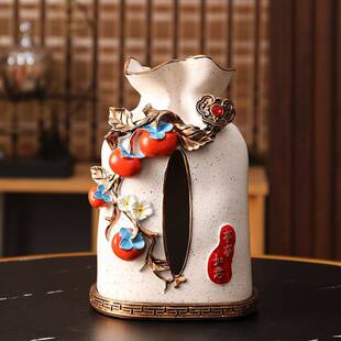 新中式柿子纸巾盒客厅茶几收纳纸抽盒餐纸盒插花事事如意装饰摆件