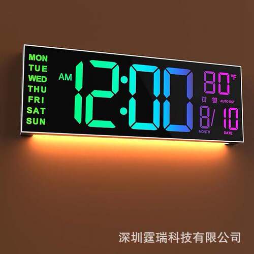 跨境爆款16英寸大屏LED型RGB数字壁挂式时钟可远程遥控夜灯和闹钟