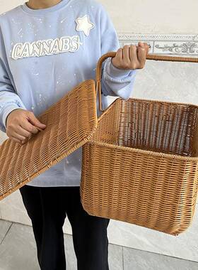 手工藤编手工户外拜祖茶公拜拜篮田园色长方形祠提篮堂带89837盖