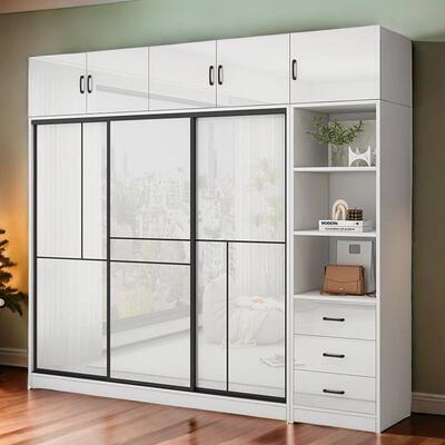 实衣柜家卧室推拉用门衣橱现KDZ约代简经木济型亮面储物收纳简易组装