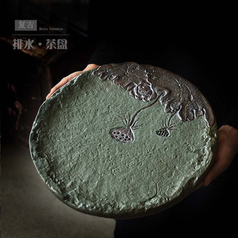陶瓷茶盘家用复古圆形茶托盘储水茶台创意干泡盘小茶台茶具套装