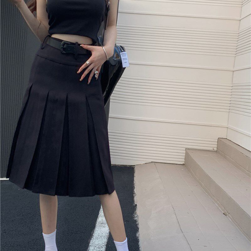 大码灰色百褶裙女中长款韩版v学院风设计感半身裤裙显瘦工装A字裙
