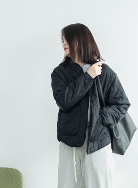 简约百搭薄e棉简约黑色轻量保暖防寒菱格宽松棉服秋冬短款加绒服