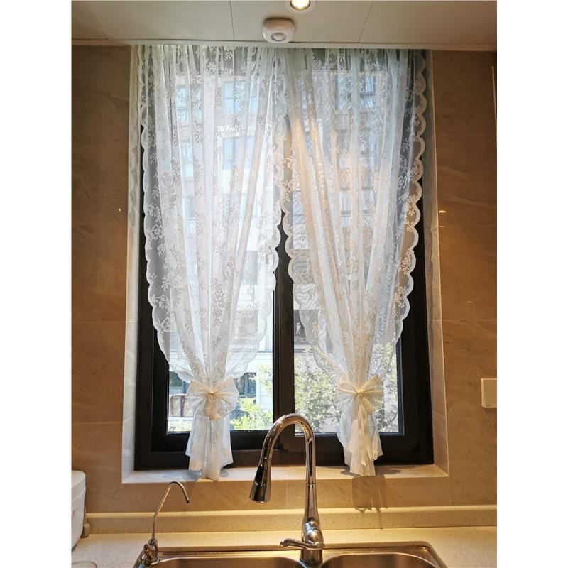 免打孔韩式蕾丝窗帘门帘厨房半帘短帘隔断白色纱帘穿杆帘送伸缩杆