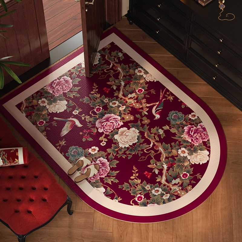 红韵牡丹美式高级感红色喜庆入户地垫玄关门口防滑皮革垫免洗地毯