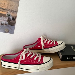 红色帆布鞋女秋季一脚蹬半拖鞋2024新款无后跟懒人鞋女半托小白鞋